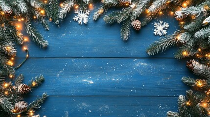 Christmas scene: fir, snow, garland, lights on blue wood