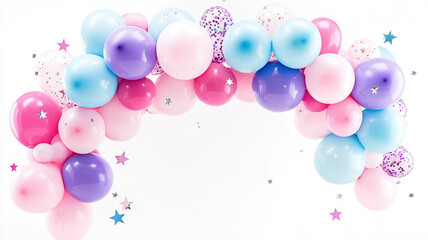 a delightful pastel balloon arch in shades of pink, purple, and blue, adorned with sparkling stars and whimsical confetti, detailed high resolution photo
