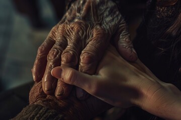 Fototapeta premium A close-up shot of a person's hand gently holding the hand of an elderly individual