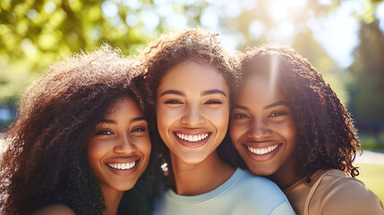 Naklejka premium Portrait of Three Beautiful, Smiling Multiethnic Women in Their Late Thirties with Curly Hair and Golden-Brown Skin, Posing Outdoors on a Sunny Day with Natural Light and Soft Shadows