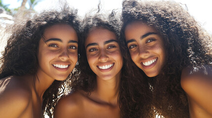 Fototapeta premium Portrait of Three Beautiful, Smiling Multiethnic Women in Their Late Thirties with Curly Hair and Golden-Brown Skin, Posing Outdoors on a Sunny Day with Natural Light and Soft Shadows