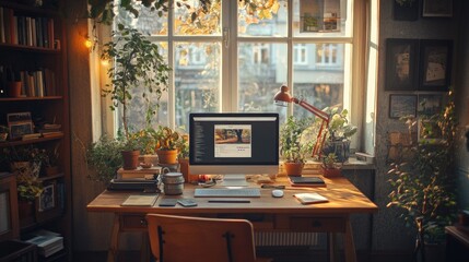 Cozy Home Office with Plants and Desktop Computer Overlooking Cityscape through Large Windows
