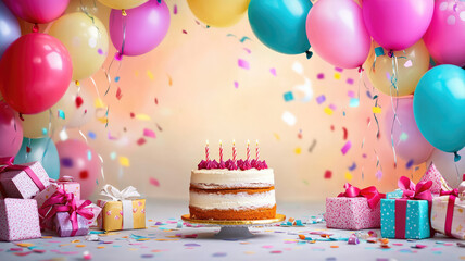 a birthday background with balloons cake and gifts, high quality photo