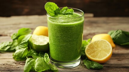 Fototapeta premium Green smoothie in a glass on wood.