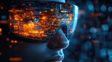 Futuristic Augmented Reality Glasses with Digital Interface Reflections in Blue and Orange Light