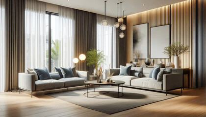 Modern living room with large windows overlooking a serene outdoor space and lush greenery during daytime