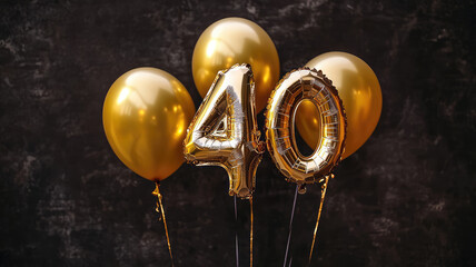 golden foil balloon number 40 text on dark background. dark birthday decoration, high quality photo