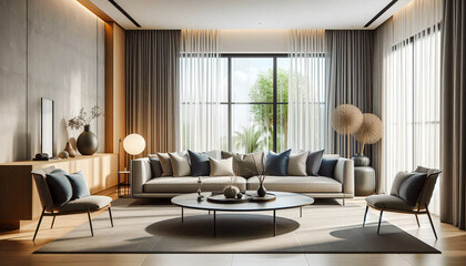 Modern living room with large windows overlooking a serene outdoor space and lush greenery during daytime