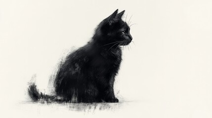Obraz premium Black Cat Charcoal Portrait: A minimalist charcoal drawing of a black cat, capturing its elegance and enigmatic gaze. This artwork evokes a sense of mystery and serenity. 