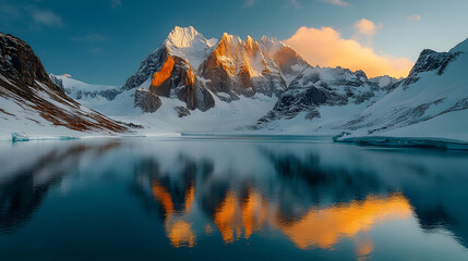 A stunning reflection of snow-capped mountains in a still lake at sunset.