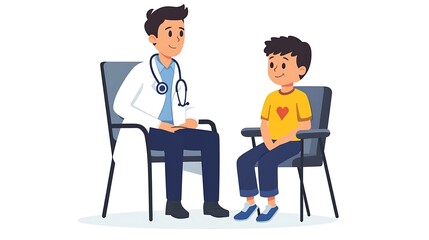 Obraz premium Pediatric Examination - Cartoon Style Doctor Listening to Child's Heart with Stethoscope on White Background. Colorful Illustration with Simple Lines.