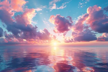 Serene Sunset Over Ocean - Beautiful Sunset Sky with Pink Clouds Reflected in Tranquil Water