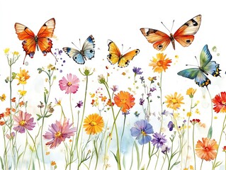Colorful butterflies fluttering above a vibrant meadow of wildflowers in a joyful, nature-inspired scene, perfect for spring and summer themes.