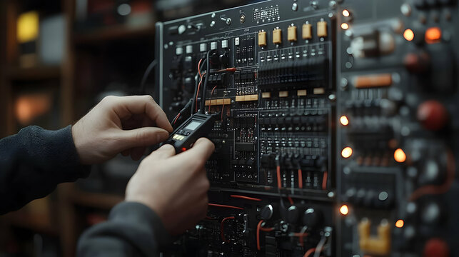 A technician checks the functionality of a large electronics board.