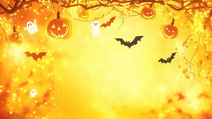 Fototapeta premium Festive Halloween lights with glowing jack-o'-lanterns, ghosts, and bats