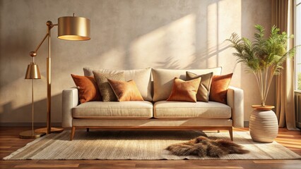 "Capture warm beige sofa with rusty velvet pillows, brass floor lamp, and natural woven rug, bathed in soft morning light, evoking cozy sophistication and organic elegance."