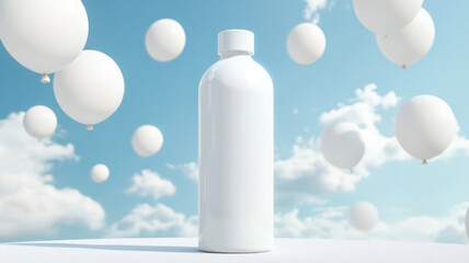 a white bottle mockup with white balloons on sky background, high definition photo