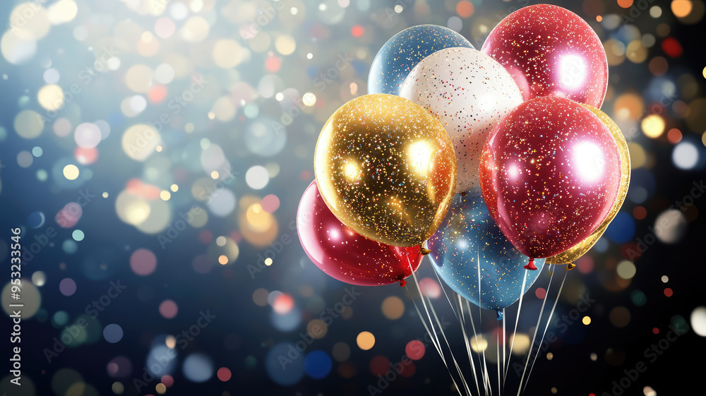 Wall mural christmas balloons background: abstract sparkly balloons and confetti with illuminated bokeh effect 