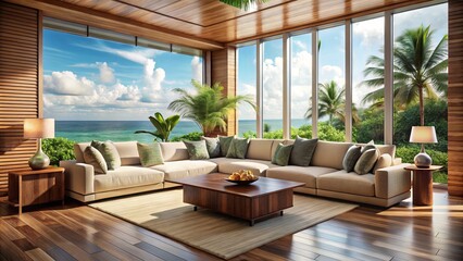coastal chic sophisticated modern wooden sectional sofa bespoke tropical paradise Miami coastline floor-to-ceiling windows warm beige walls rich mahogany accents lush greenery