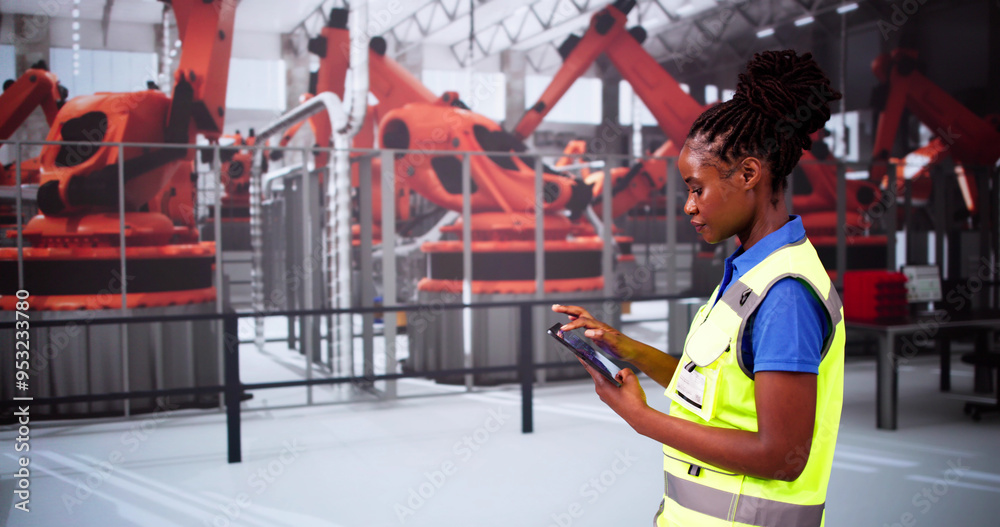 Poster worker in automotive car factory using tablet