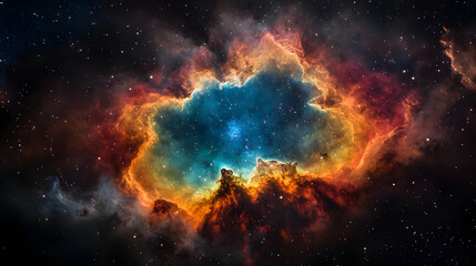 Obraz premium A vibrant nebula with a blue center surrounded by swirling orange and red gases, set against a backdrop of sparkling stars.