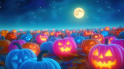 Fototapeta premium Enchanted Halloween field with glowing jack-o'-lanterns and vibrant colors
