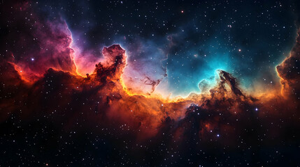 A vibrant nebula with swirling colors and twinkling stars.