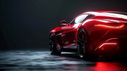 Red Sports Car with Black Wheels and Taillights on a Dark Background