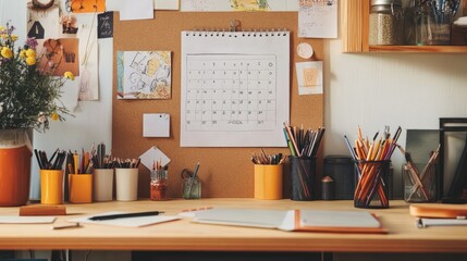 A creative workspace featuring a hand-drawn calendar, various stationery tools, and a motivational quote pinned to a corkboard.