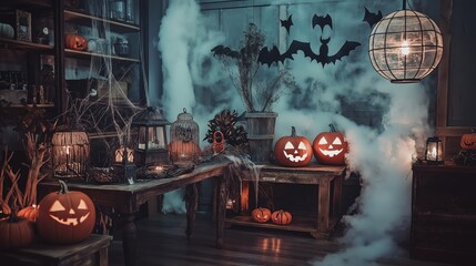 Eerie Halloween shop interior with creepy decor and glowing lanterns