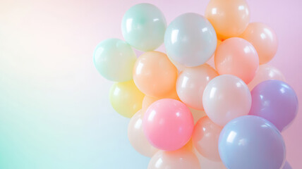 an array of pastel-colored balloons forming an arch, positioned in front of a soft pastel gradient...