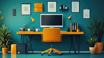 Modern Home Office with Vibrant Colors and Stylish Decorations for Productivity and Creativity