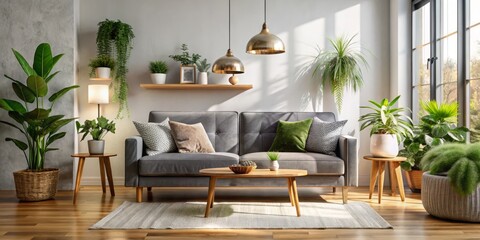 cozy afternoon sunbeam illuminates affordable sleek grey velvet sofa amidst minimalist Scandinavian decor, rustic wood accents, and lush greenery