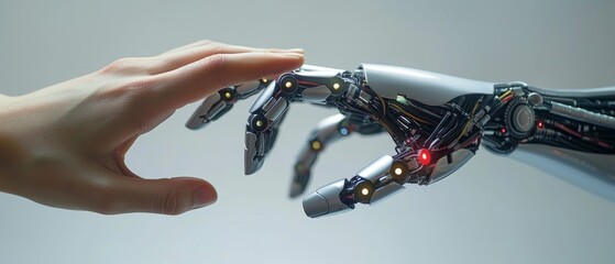 Robot hand extending to a human hand, symbolizing the potential for positive co-intelligence