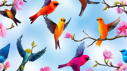 Obraz premium Colorful Birds in Spring Blossom