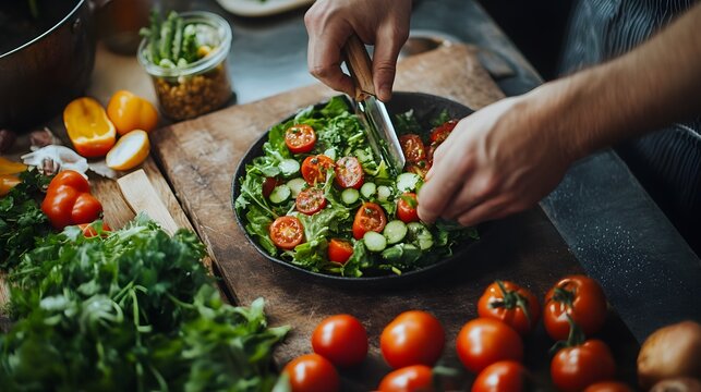A chef's hands preparing a salad with fresh locally sourced produce