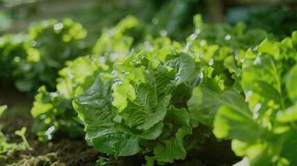 Fototapeta premium Freshly grown lettuce in a sunny garden bed, perfect for salads and cooking