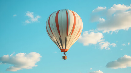 Naklejka premium a solo hot air balloon against a white backdrop, under a clear blue sky with fluffy clouds, high quality photo