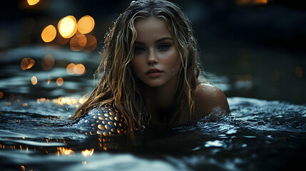 Fototapeta premium A woman with wet hair emerges from the water, looking at the camera with a soft expression, with an out-of-focus background of bokeh lights.