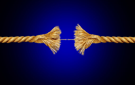 Failure Of Cooperation as a Broken Rope stretched with force and stressed to a breaking point as a fragility metaphor of struggle under pressure as a symbol of conflict and challenges.
