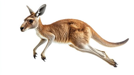 Red Kangaroo in Mid-Air Bound: A majestic red kangaroo isolated on white, frozen in a dynamic leap. 