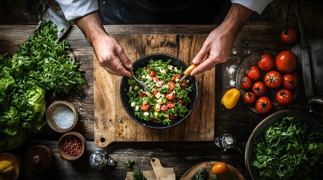 A chef's hands preparing a salad with fresh locally sourced produce