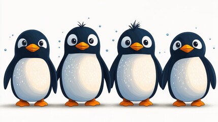 Four Penguins in a Row: A charming illustration of four penguins standing in a line, each with a unique expression, against a white background. This image is perfect for children's books, websites, an