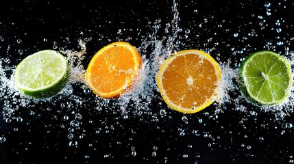 Vibrant citrus slices create a splash against a dark background, showcasing the freshness and colors of lime, orange, and lemon.