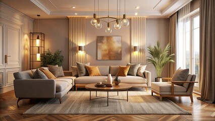 Cozy evening ambiance in a minimalist rectangle living room with asymmetrical furniture arrangement, warm beige tones, and soft golden lighting, capturing relaxed modern elegance.