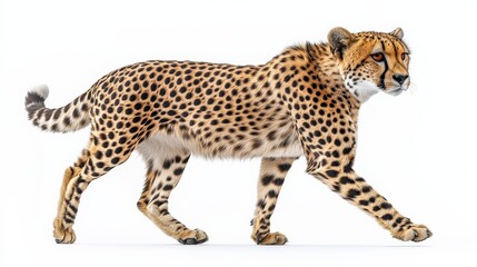 Cheetah in Motion: A majestic cheetah strides confidently against a pristine white background, showcasing its sleek, spotted coat and powerful build.  This captivating image captures the essence of sp