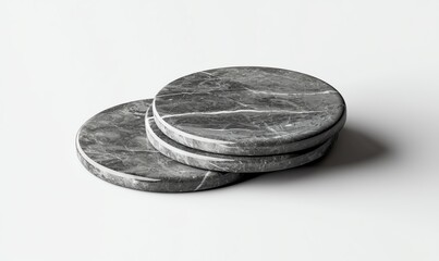 Set of three round grey marble coasters, isolated on white background.