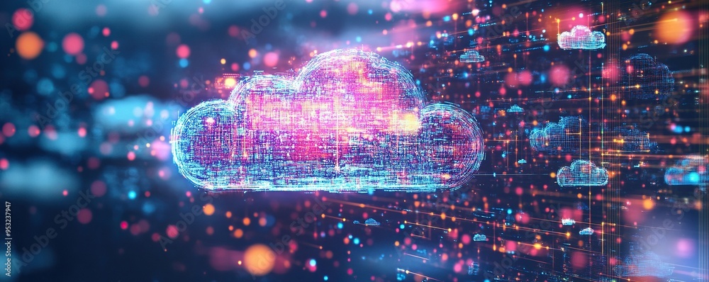 Poster digital cloud computing network with bokeh lights