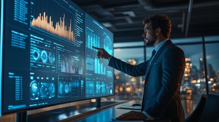 Businessman Presenting Data on a Digital Screen in a Modern Office