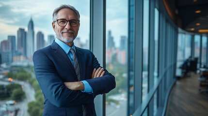 Fototapeta premium Confident Senior Executive Standing in Modern Office with City View